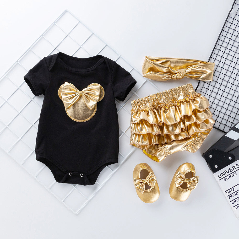 Charming Newborn Baby Girl Sets - White Cotton Rompers with Golden Ruf