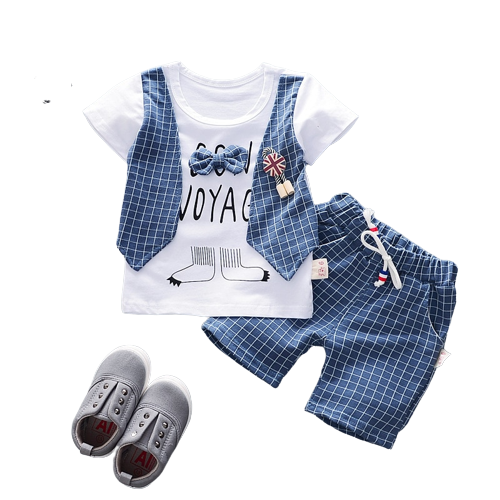 Cute Cartoon Lattice Tie Baby Boy Clothing Set for Summer