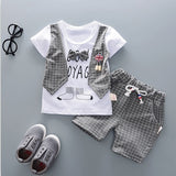 Cute Cartoon Lattice Tie Baby Boy Clothing Set for Summer