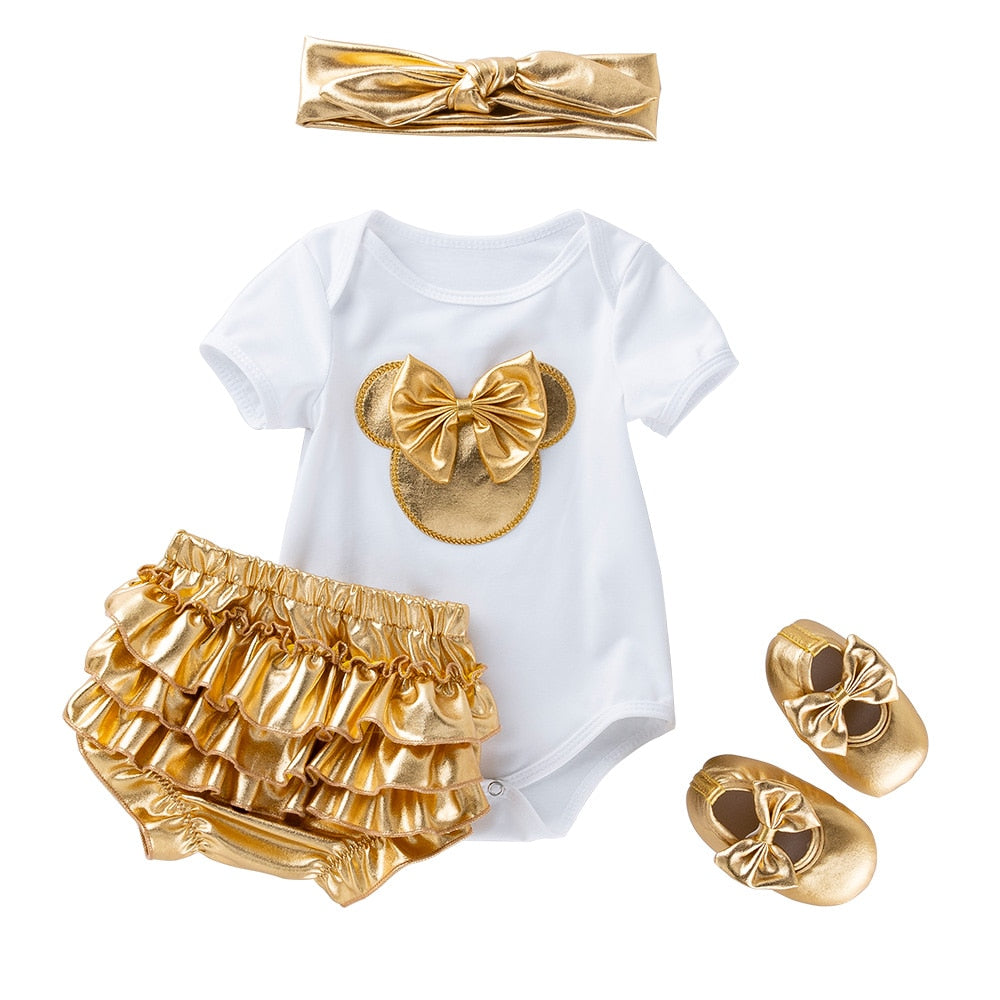 Charming Newborn Baby Girl Sets - White Cotton Rompers with Golden Ruffles and Tutu Skirts