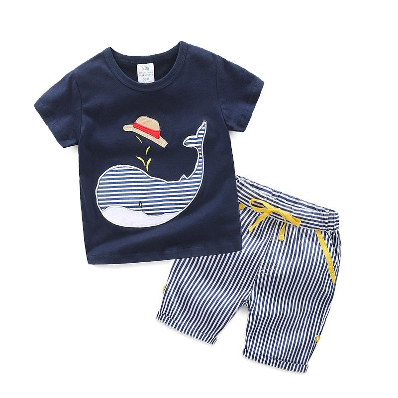 Cartoon Whale Fish Print T-Shirt and Striped Shorts Drawstring Handsome 2 Piece Kids Boy Casual Sets