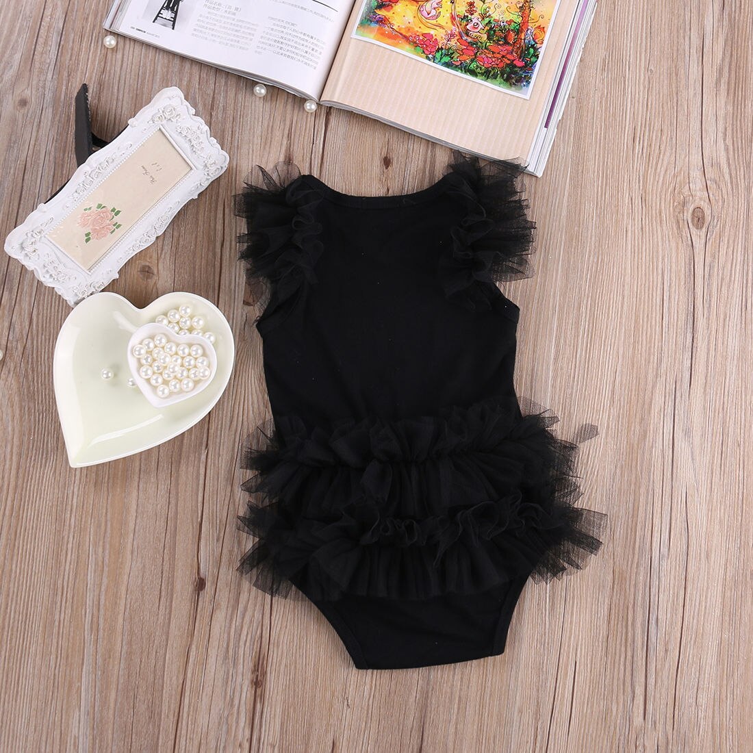 My Little Black Dress" Newborn Baby Girl Romper with Lace Embroidery and Tutu Dress Outfit