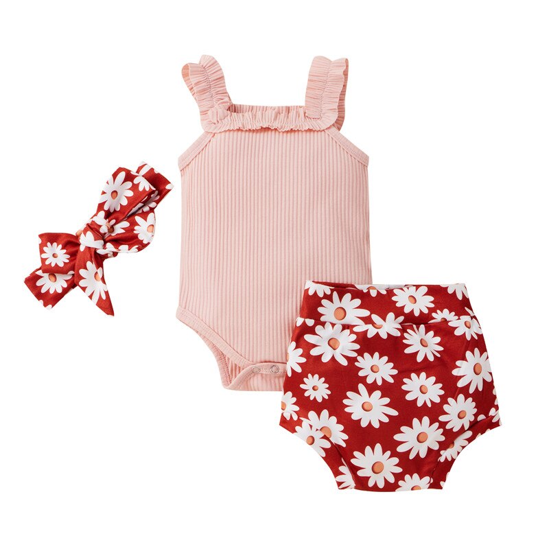 Solid Knitting Sleeveless Bodysuits Flower Shorts Headband 3Pcs Newborn Baby Girls Clothes Set