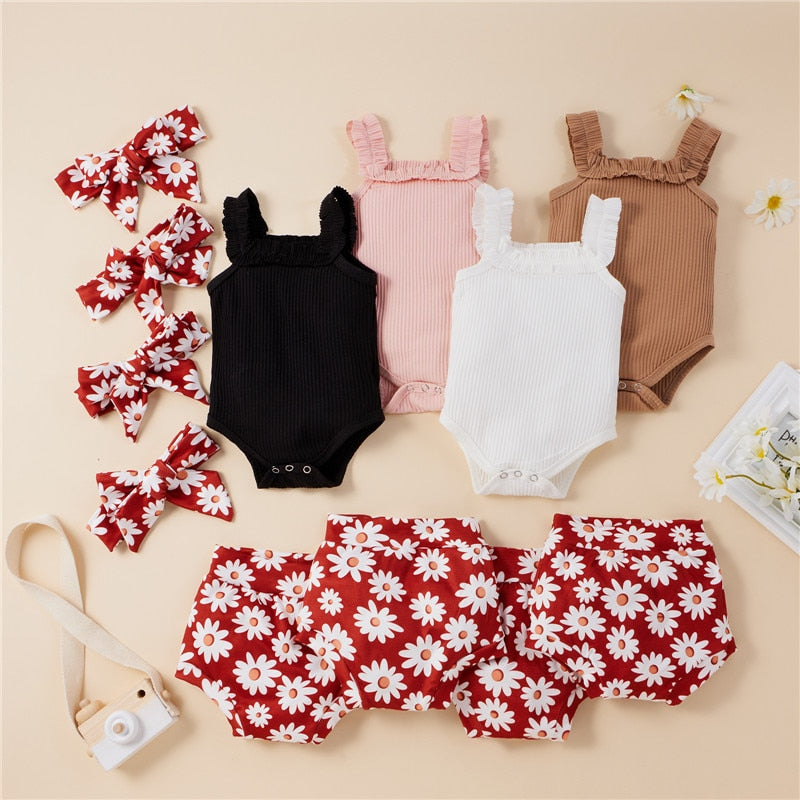 Solid Knitting Sleeveless Bodysuits Flower Shorts Headband 3Pcs Newborn Baby Girls Clothes Set