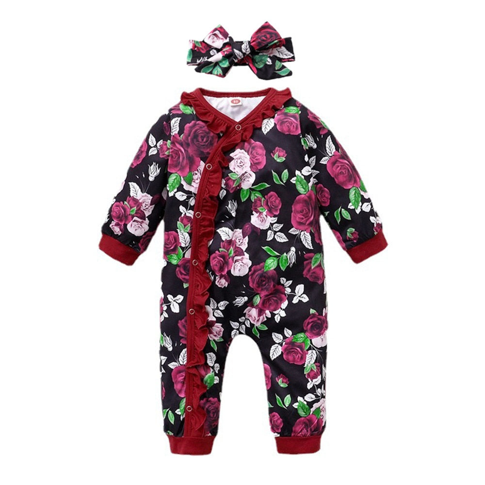 Spring Floral Long Sleeve Baby Romper with Ruffles and Headband for Newborn Girls