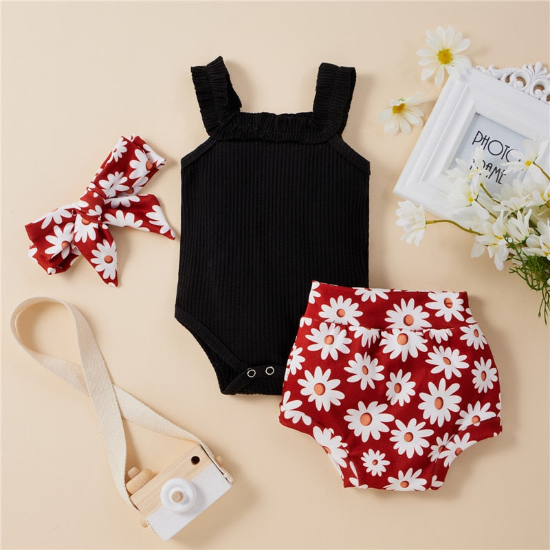 Solid Knitting Sleeveless Bodysuits Flower Shorts Headband 3Pcs Newborn Baby Girls Clothes Set