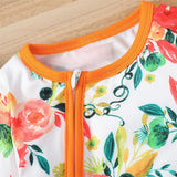 Orange Floral Baby Girls Footies - Zipped Jumpsuit for Newborns and Toddlers