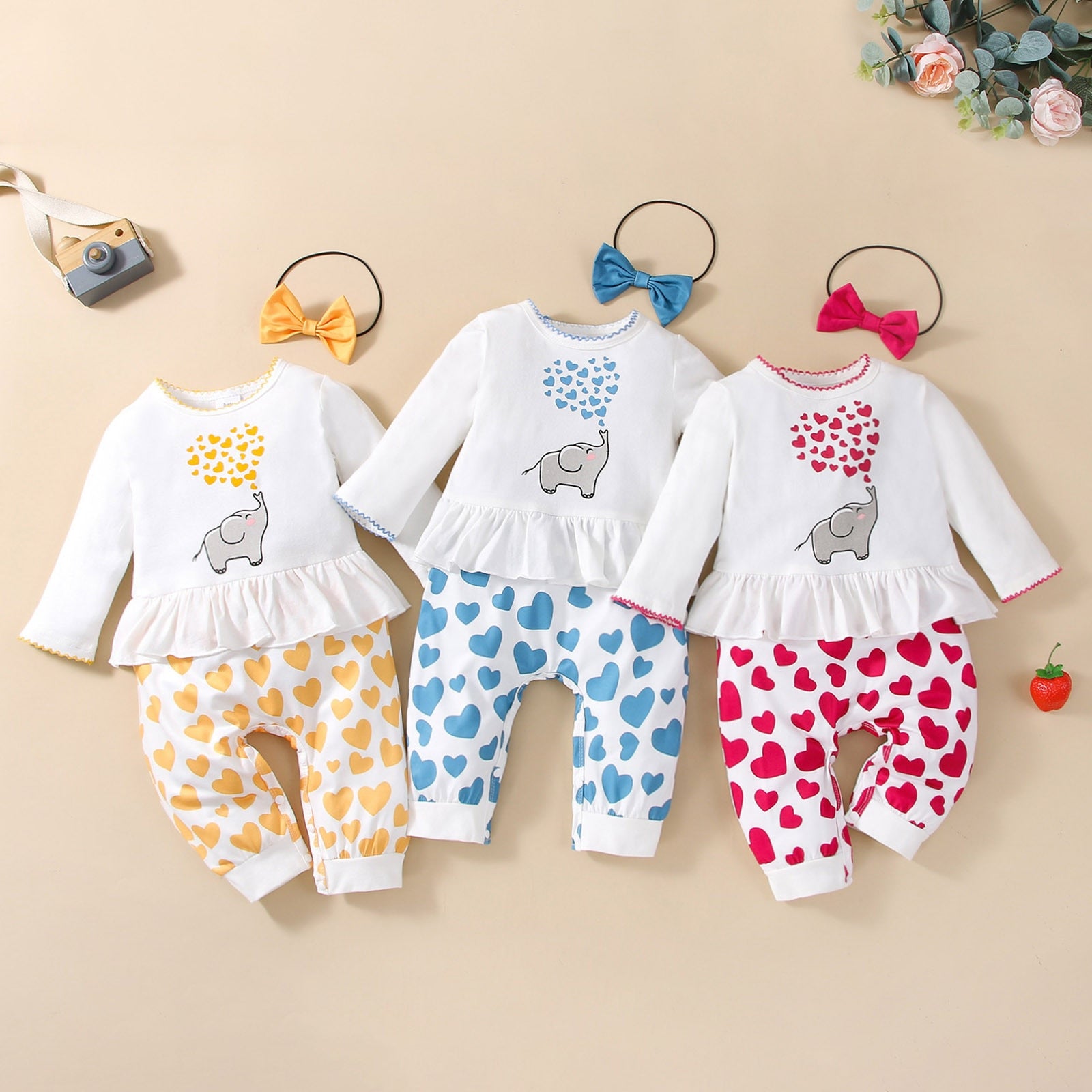 Infant Rompers + Headband Sets Spring Autumn Long Sleeve Suits Boys Girls Cartoon Heart Jumpsuit Girl Clothing Sets