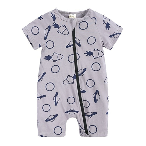 Toddler Baby Boy Short Sleeve Romper with Print and Zipper Closure