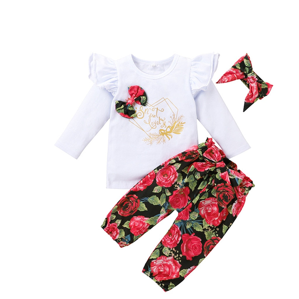 Adorable 3pcs Baby Girls Spring Clothing Sets with Long Sleeve Tops, Floral Pants, and Headband - Infant 0-24 Months Newborn Outfits Clothes