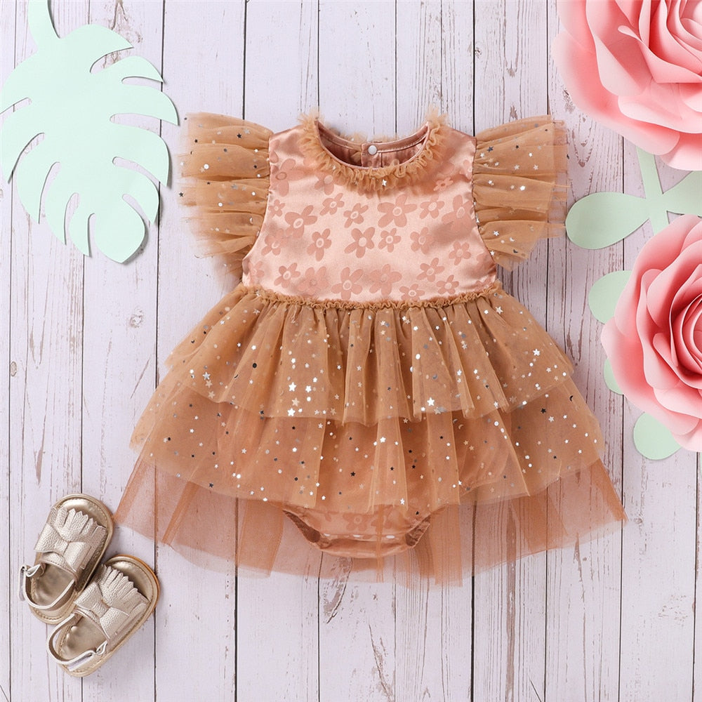 Adorable Toddler Baby Girls Romper with Mesh, Ribbed Texture, Bow and Lace Details