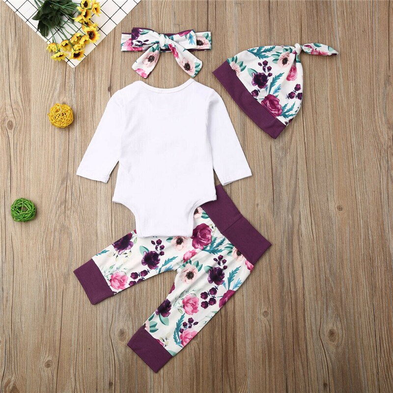 4-Piece Set of Newborn Baby Girl Cotton Clothes with Letter Print and Accessories