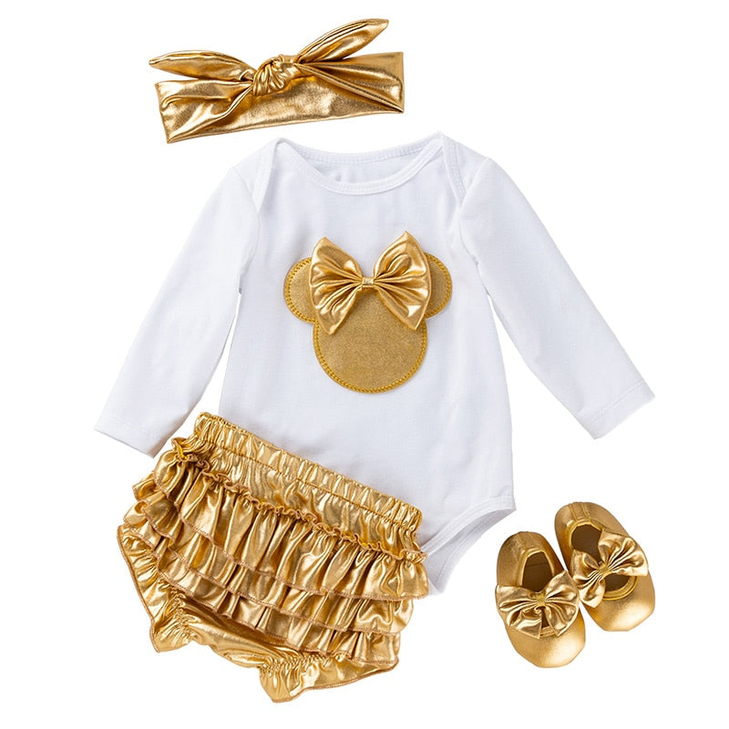 Charming Newborn Baby Girl Sets - White Cotton Rompers with Golden Ruffles and Tutu Skirts