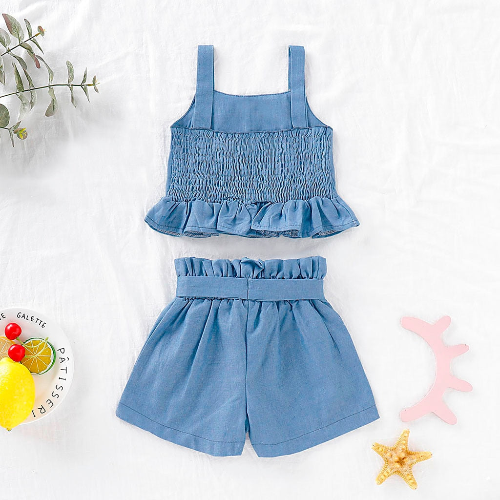 Toddler Baby Girls Clothing Sets - Cute Sleeveless Ruffle Vest and Bow Shorts Outfits for Summer