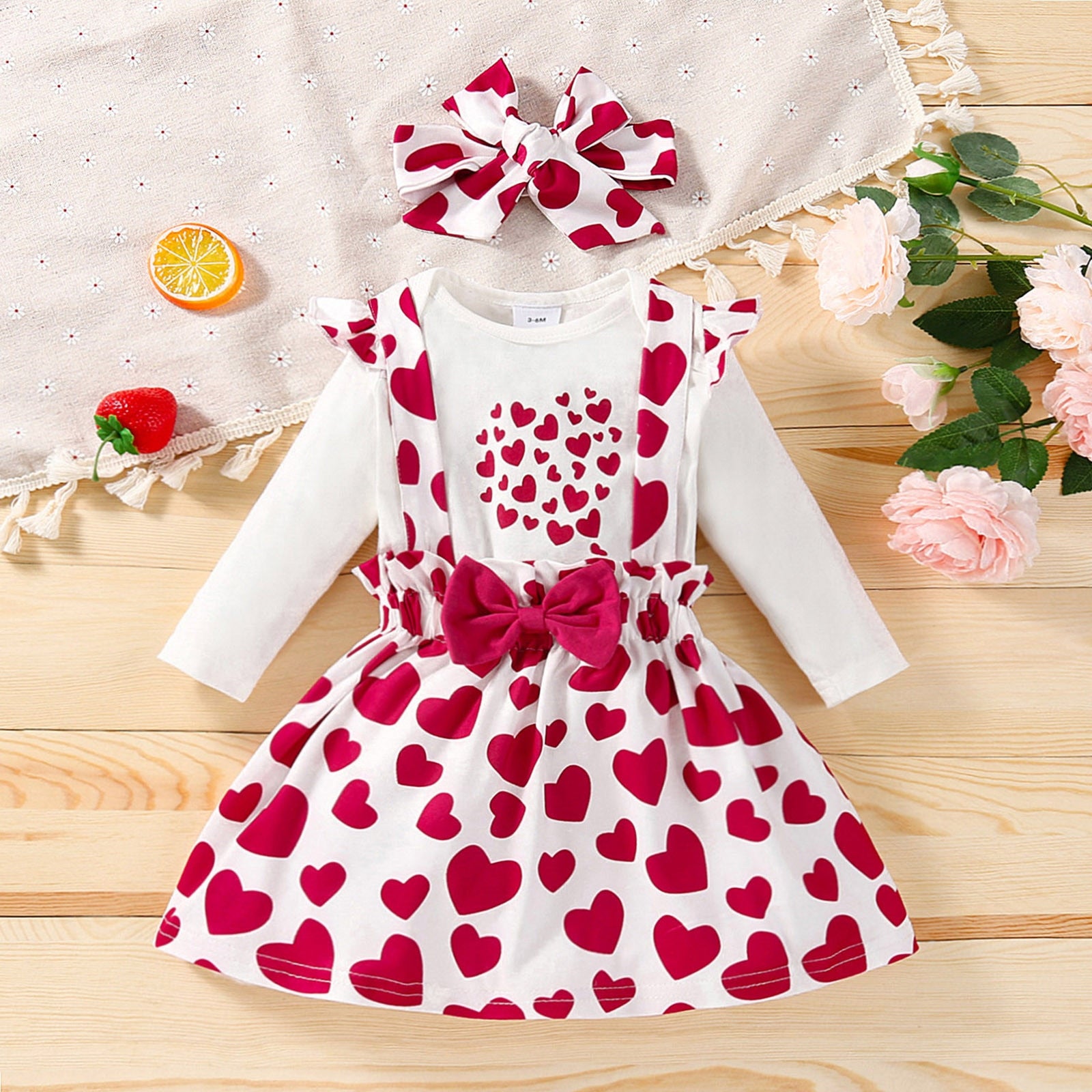 Adorable 3-Piece Infant Baby Girls Clothing Set with Heart Print Bodysuit, Suspenders Skirt, and Headband