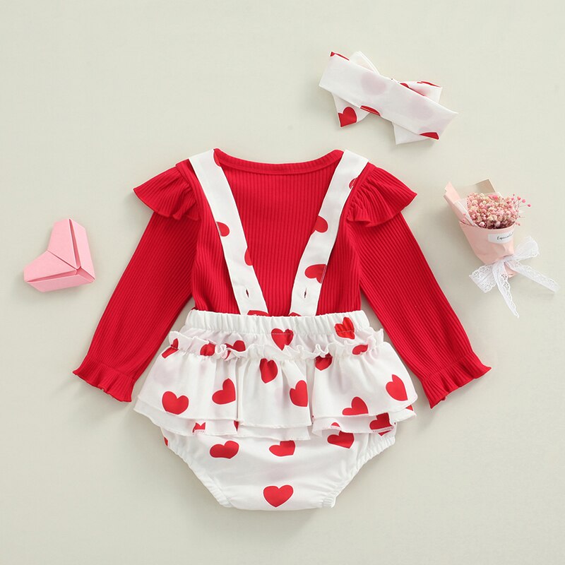 Fashion Infant Baby Girls Clothes for Autumn: Ruffles Knitted Long Sleeve T-shirt and Heart Print Suspender Shorts Set