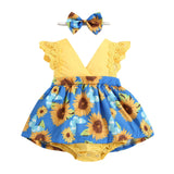 Newborn Baby Sunflower Print Romper Set with Headband - Sleeveless Infant Outfit