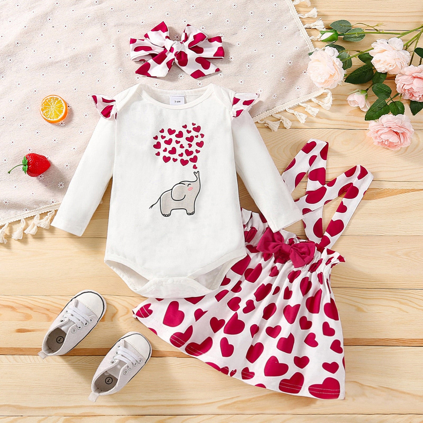 Adorable 3-Piece Infant Baby Girls Clothing Set with Heart Print Bodysuit, Suspenders Skirt, and Headband