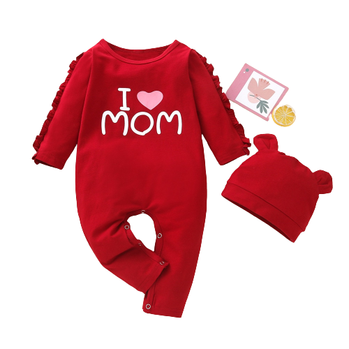 Stylish Solid Baby Rompers and Hat with "Love Mom" Costume for Newborn Girls