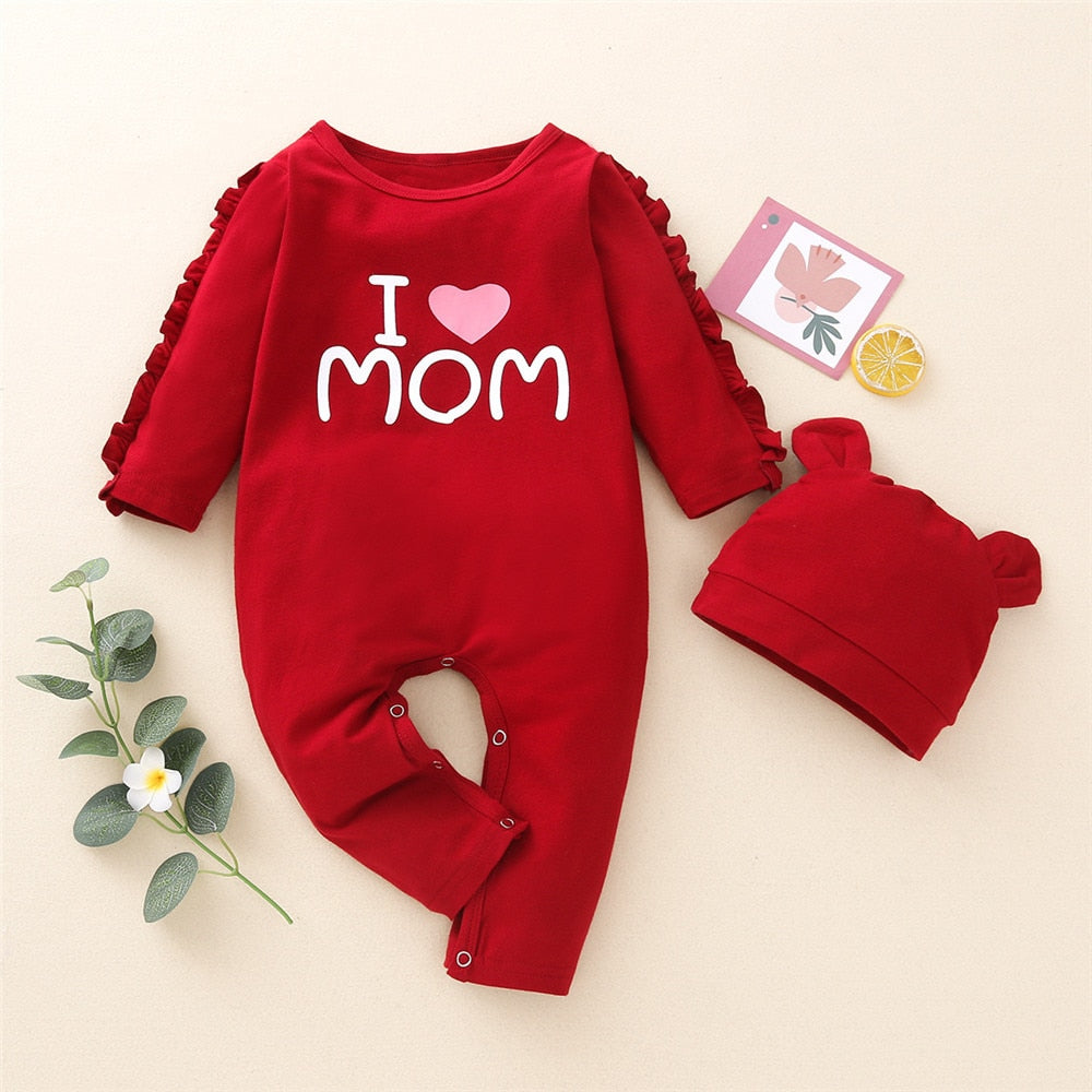 Stylish Solid Baby Rompers and Hat with "Love Mom" Costume for Newborn Girls