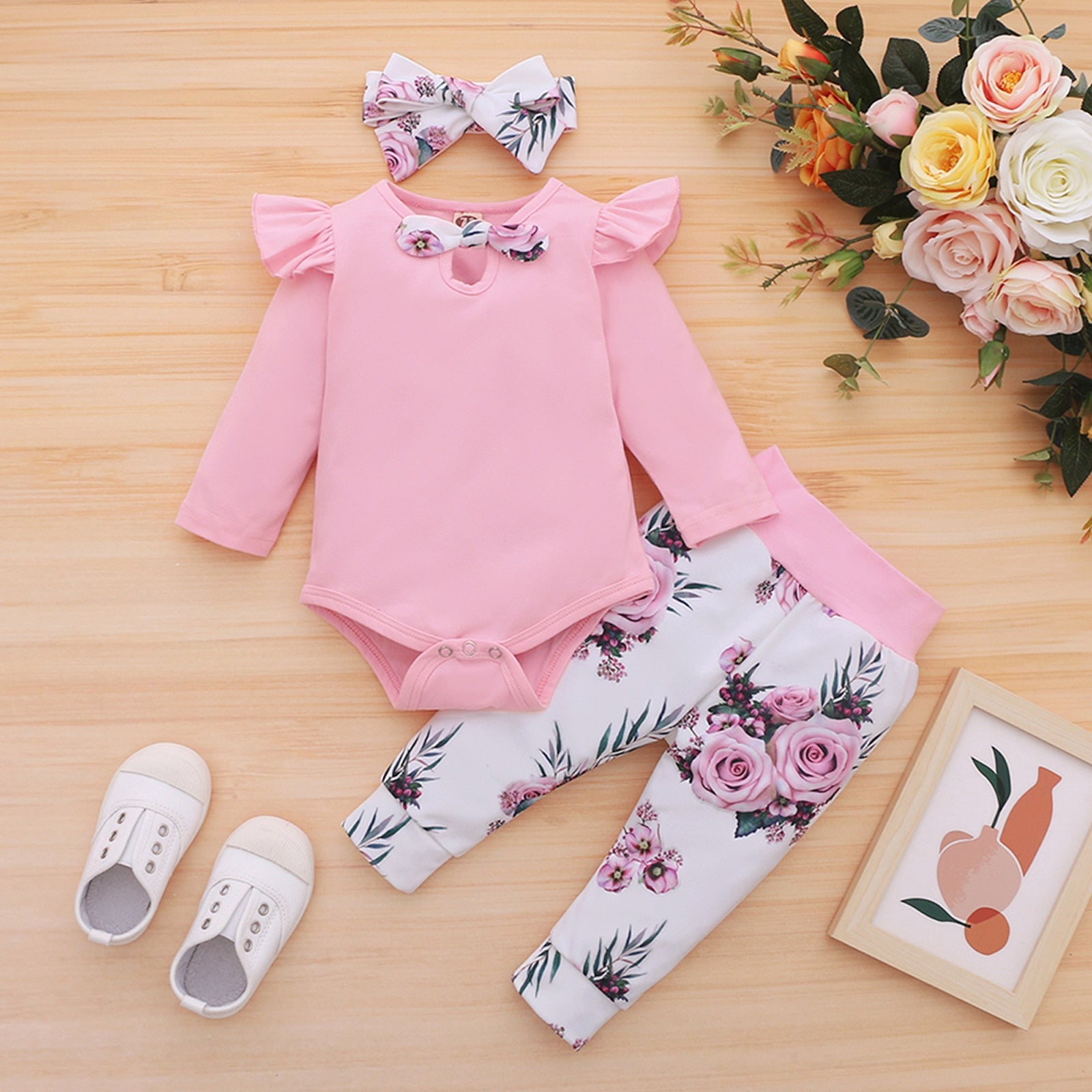 Cute and Cozy 3pcs Newborn Baby Girls Clothes Set - Cotton Floral Bow Tie Bodysuits + Pants + Hairband