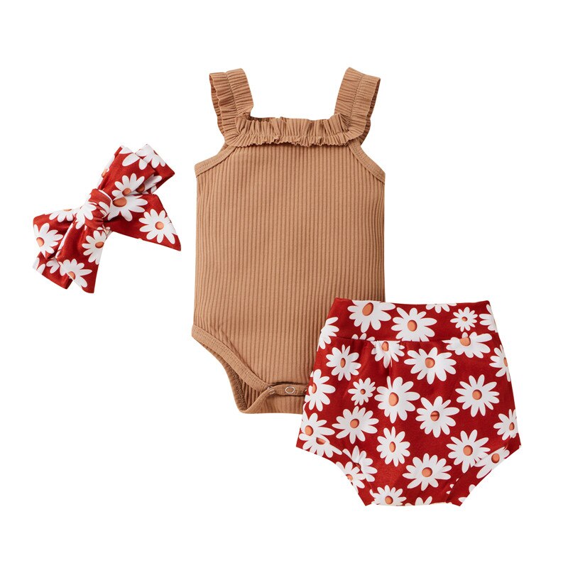 Solid Knitting Sleeveless Bodysuits Flower Shorts Headband 3Pcs Newborn Baby Girls Clothes Set