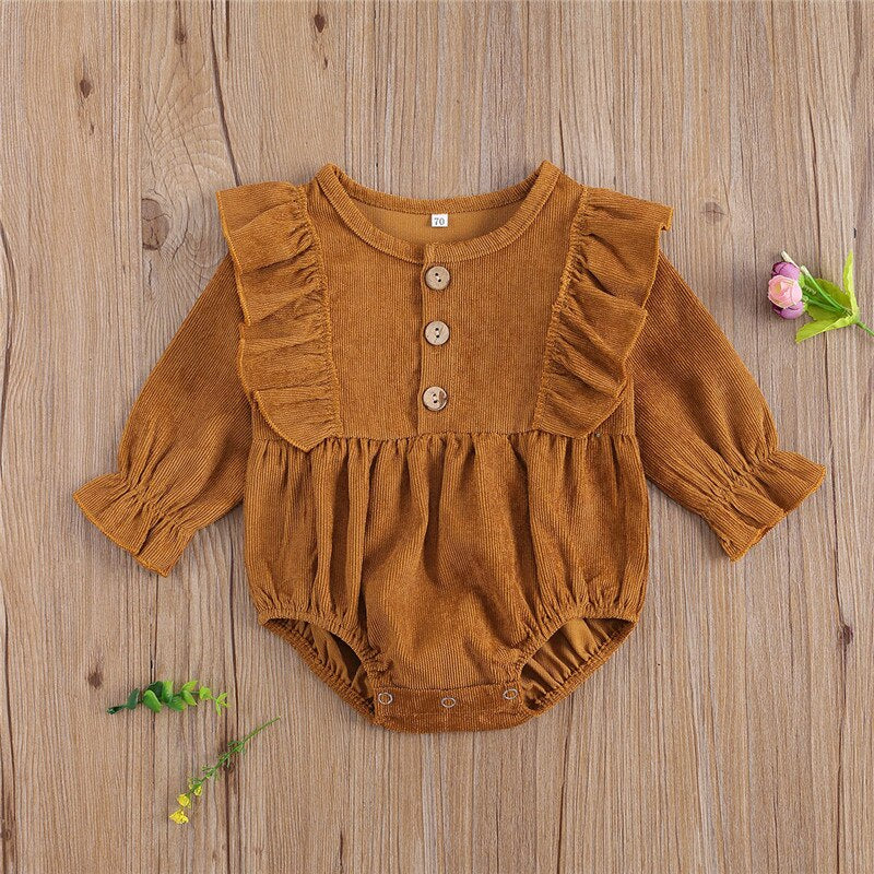 Adorable Autumn Baby Girls Ruffled Corduroy Rompers