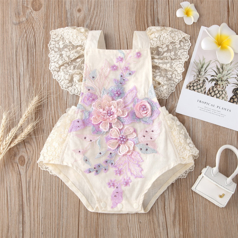 Embroidered Flower Baby Romper with Lace for Newborn Girls