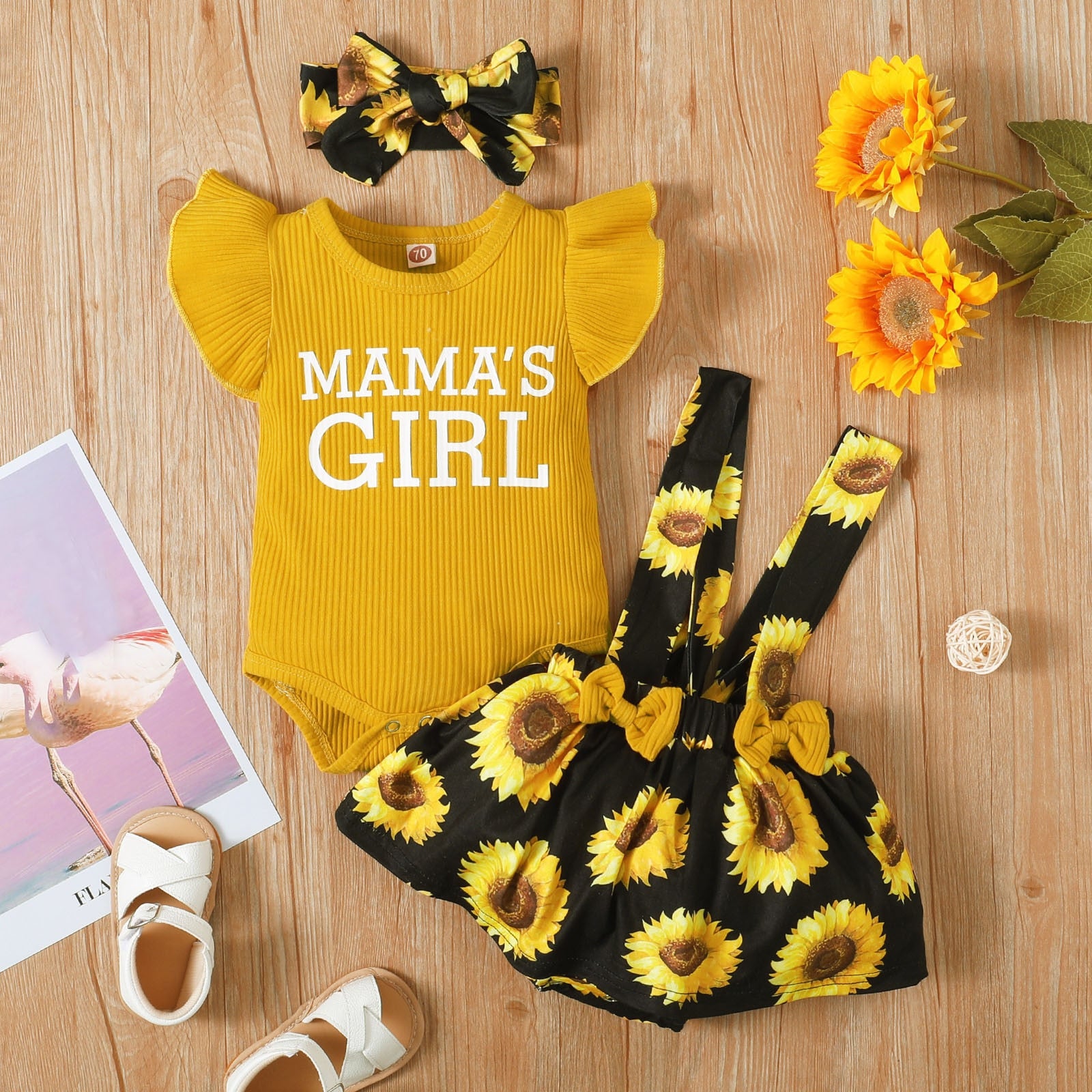 Adorable Newborn Baby Girls Clothes Set with Letter Print Ribbed Tops and Sunflower Suspender Skirts