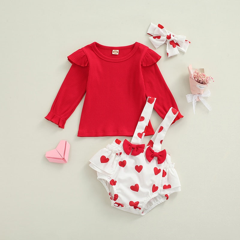 Fashion Infant Baby Girls Clothes for Autumn: Ruffles Knitted Long Sleeve T-shirt and Heart Print Suspender Shorts Set