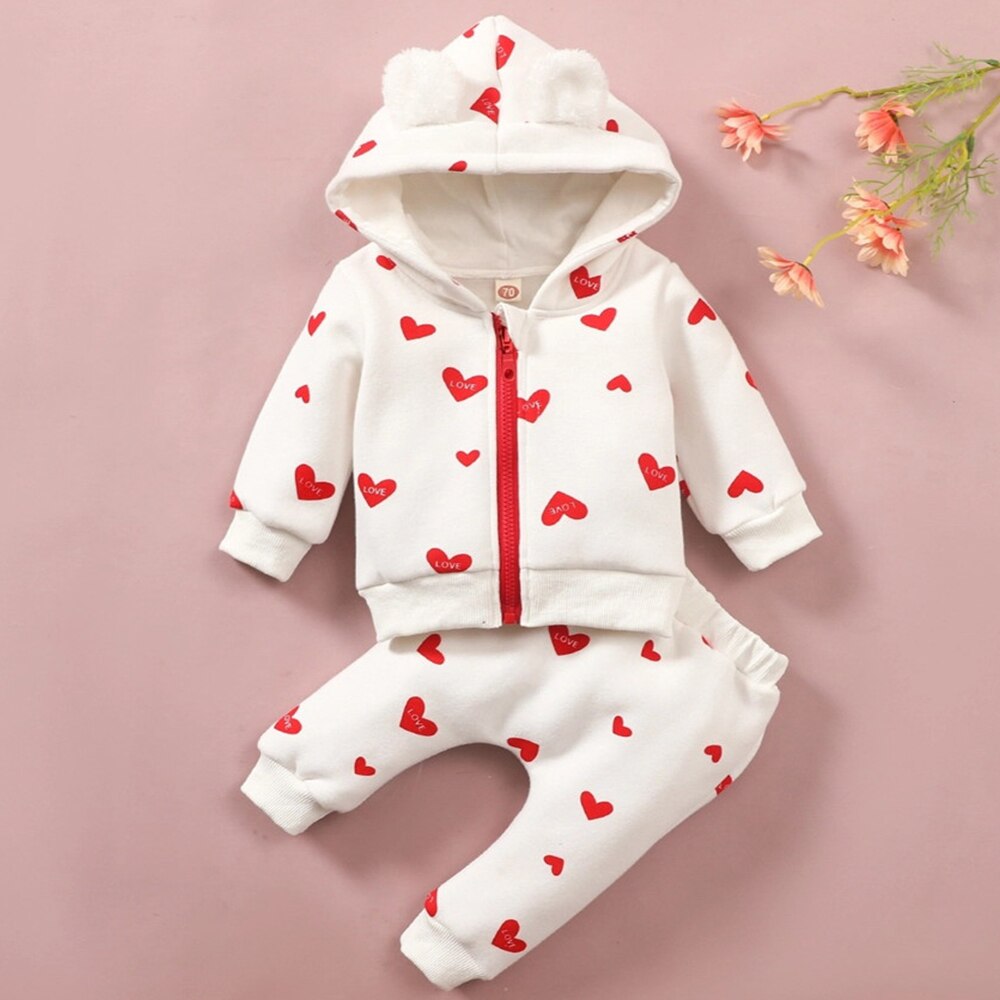 Baby Girl Winter Clothes Warm Plus Velvet Hooded Love Sweatshirt and Pants 2pcs Toddler Kids Baby Outfits Clothes