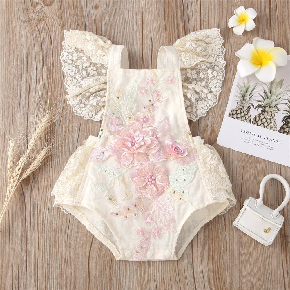 Embroidered Flower Baby Romper with Lace for Newborn Girls