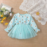 Baby Girl Long Sleeve Daisy Print Tulle Romper Dress with Ruffles - Babbez