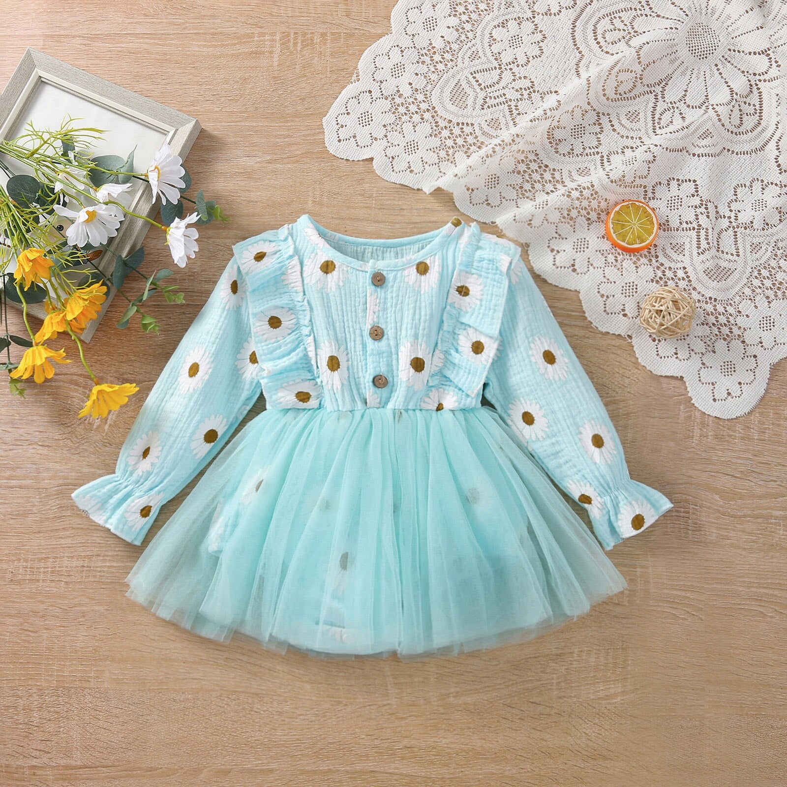 Baby Girl Long Sleeve Daisy Print Tulle Romper Dress with Ruffles - Babbez