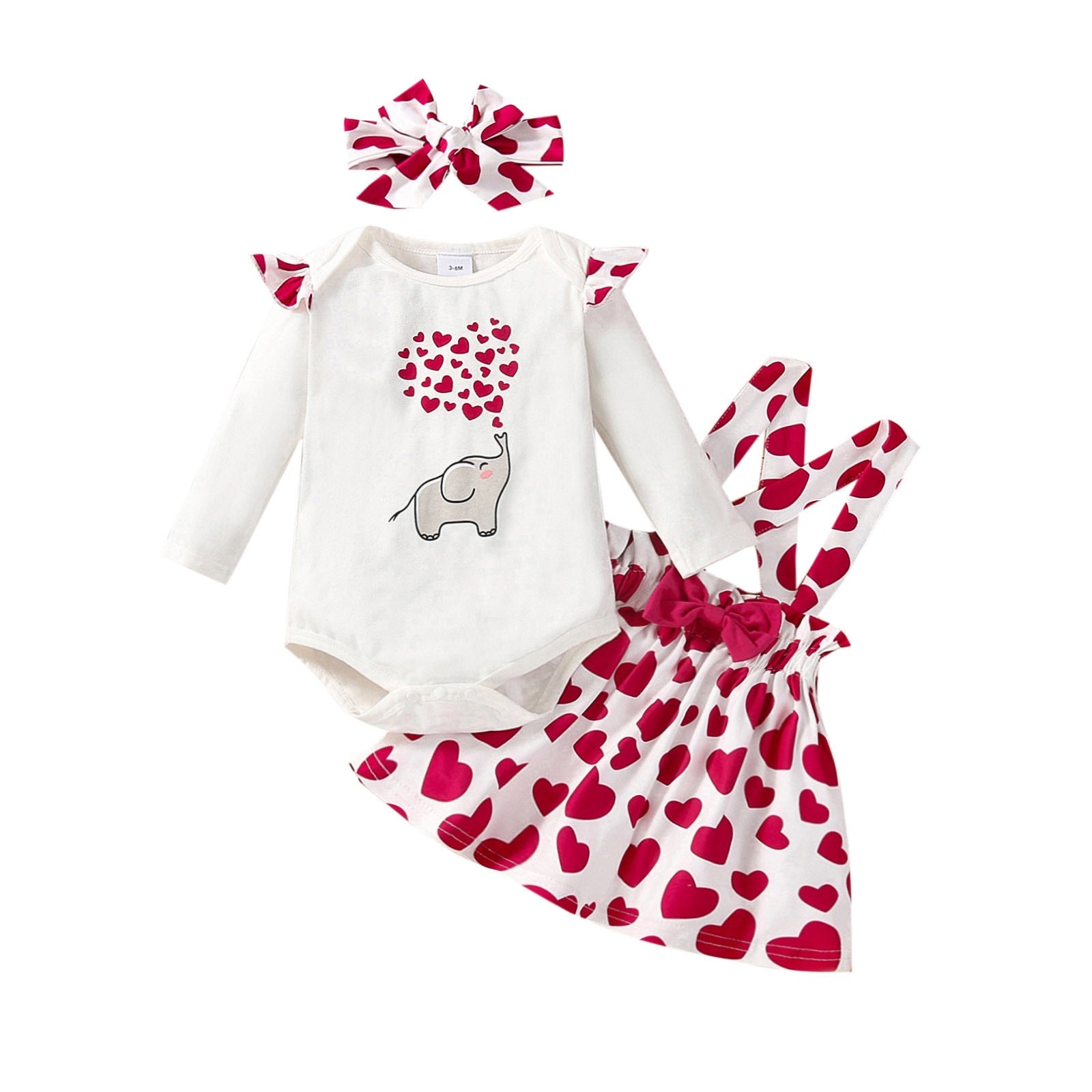 Adorable 3-Piece Infant Baby Girls Clothing Set with Heart Print Bodysuit, Suspenders Skirt, and Headband