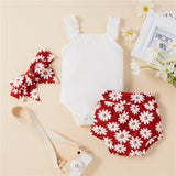 Solid Knitting Sleeveless Bodysuits Flower Shorts Headband 3Pcs Newborn Baby Girls Clothes Set