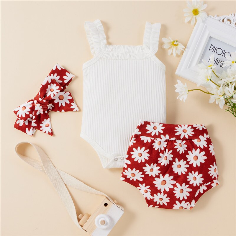 Solid Knitting Sleeveless Bodysuits Flower Shorts Headband 3Pcs Newborn Baby Girls Clothes Set