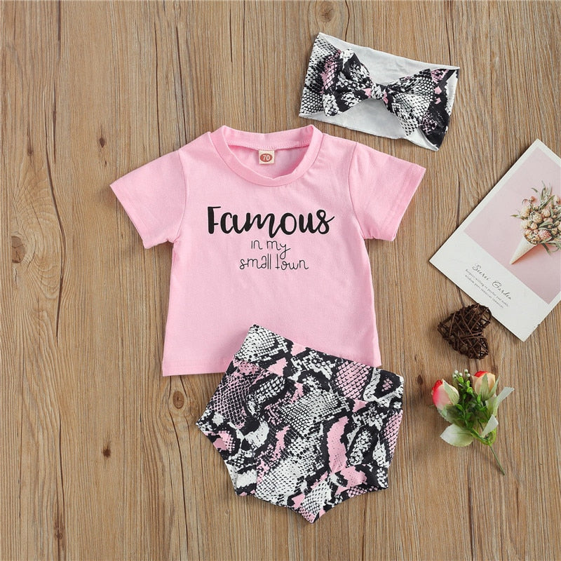 Summer Infant Clothing Set for Baby Girls: Short Sleeve Letter Print Tops, Printed Shorts, and Headband Outfits
