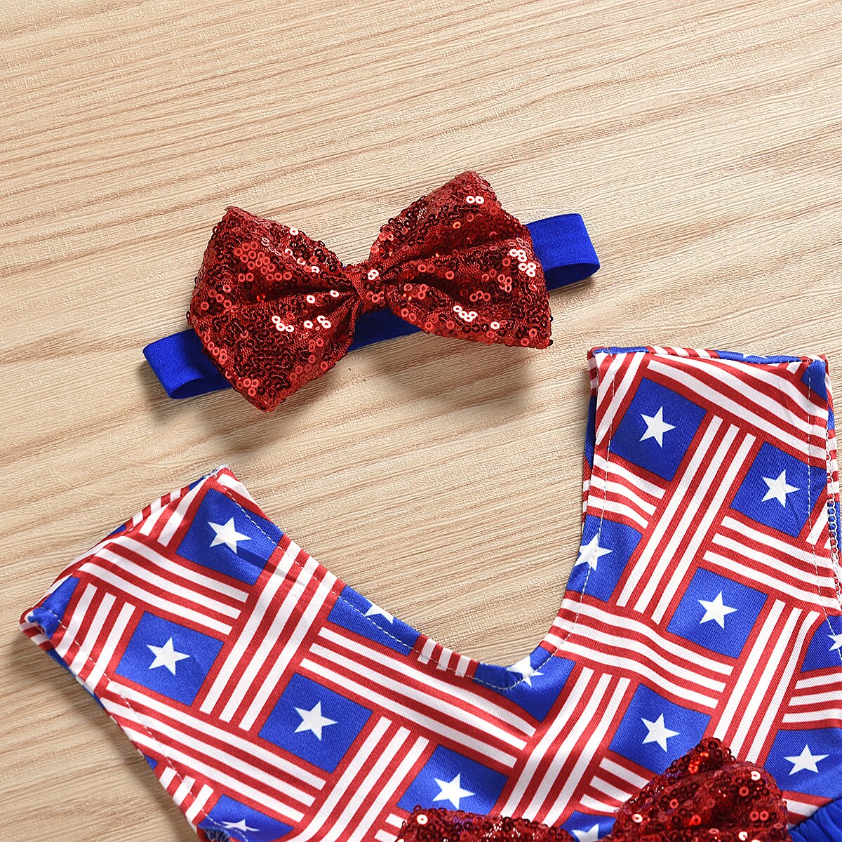 Independence Day Star Stripe Print Dress with Headband for Girls