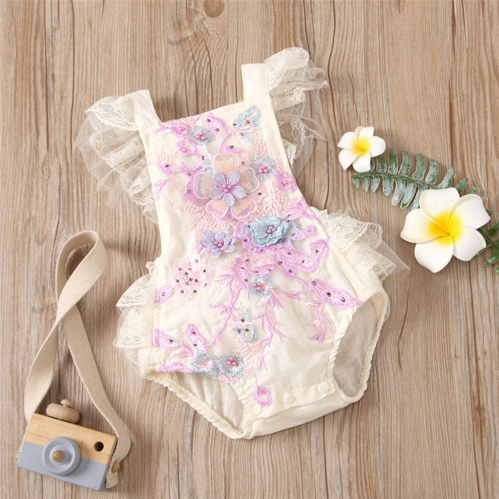 Embroidered Flower Baby Romper with Lace for Newborn Girls