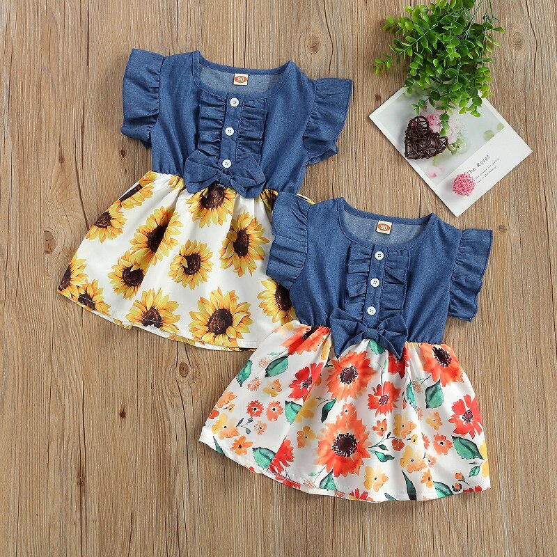 Adorable Denim and Floral Patchwork Baby Girl Summer Dress