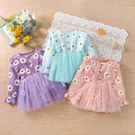 Baby Girl Long Sleeve Daisy Print Tulle Romper Dress with Ruffles - Babbez
