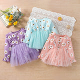Baby Girl Long Sleeve Daisy Print Tulle Romper Dress with Ruffles - Babbez