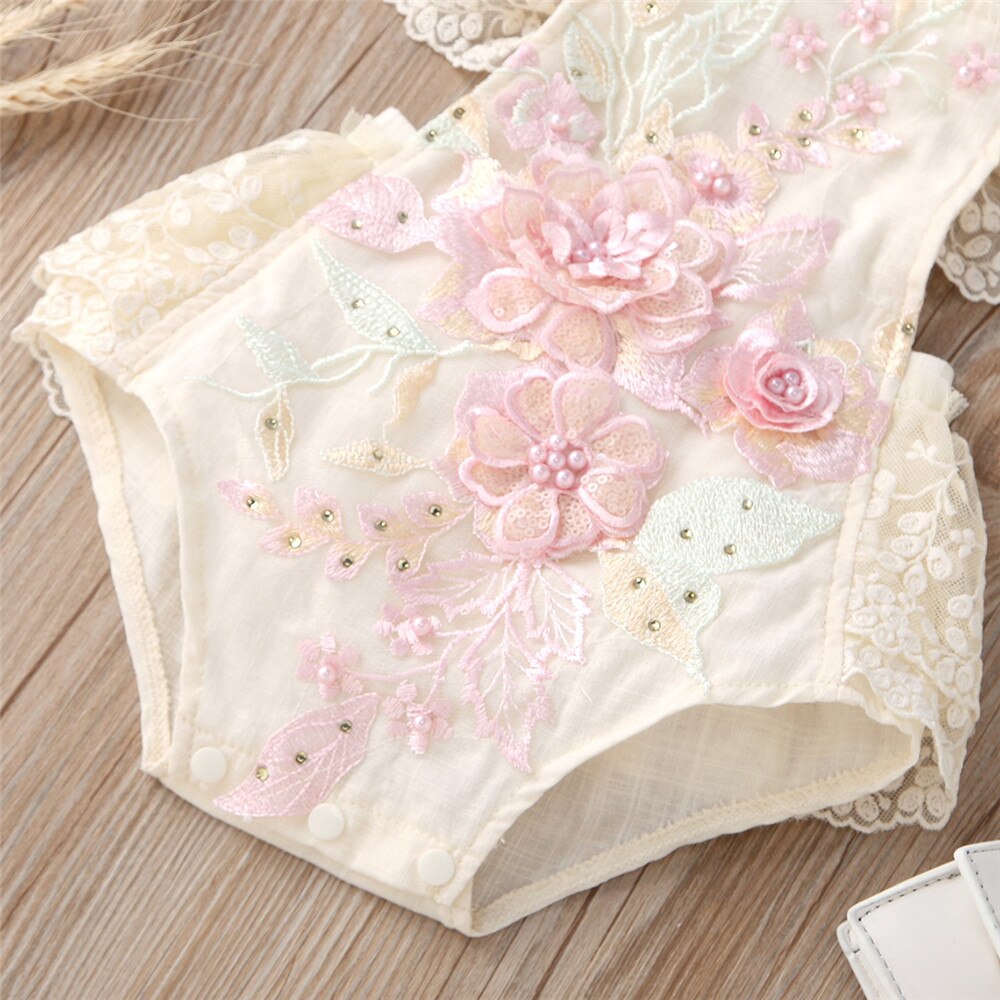 Embroidered Flower Baby Romper with Lace for Newborn Girls