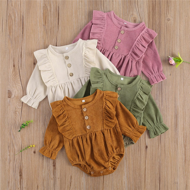 Adorable Autumn Baby Girls Ruffled Corduroy Rompers