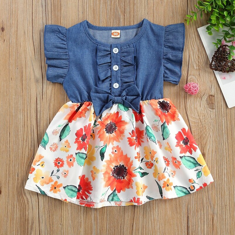 Adorable Denim and Floral Patchwork Baby Girl Summer Dress