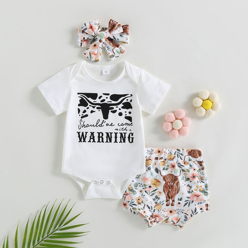 Adorable Summer Outfits for Newborn Baby Girls: Cow Letter Print Bodysuits and High Waist Shorts