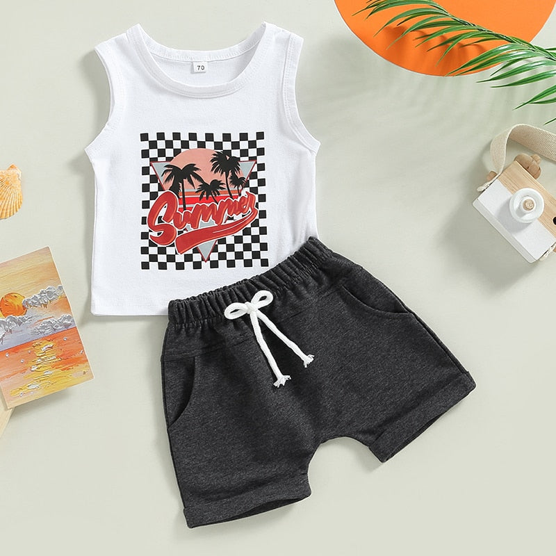 Summer Tropical Vibes for Your Little One - Coconut Tree and Letters Print Clothes Set for Toddler Boys