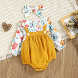 Newborn Baby Girls Romper Printed Fake Two Bodysuit + Headband Sets Infant Outfits