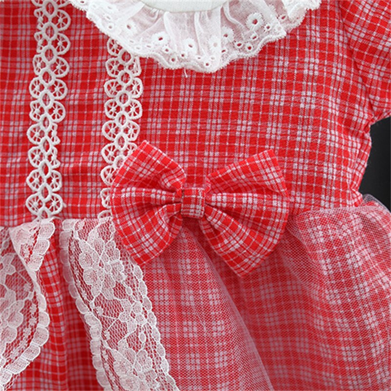 Summer Plaid Baby Girl Dress with Lace Bow and Puff Sleeves